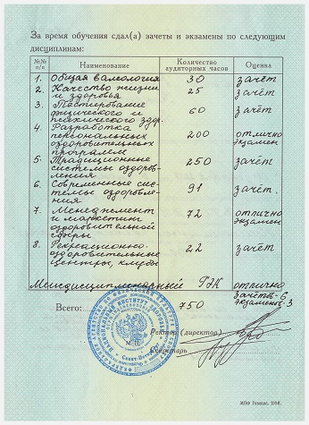 Заболотный Константин Борисович, приложение к диплому о переподготовке ФГОУ ДПО Национальный институт здоровья (Валеология) оценки